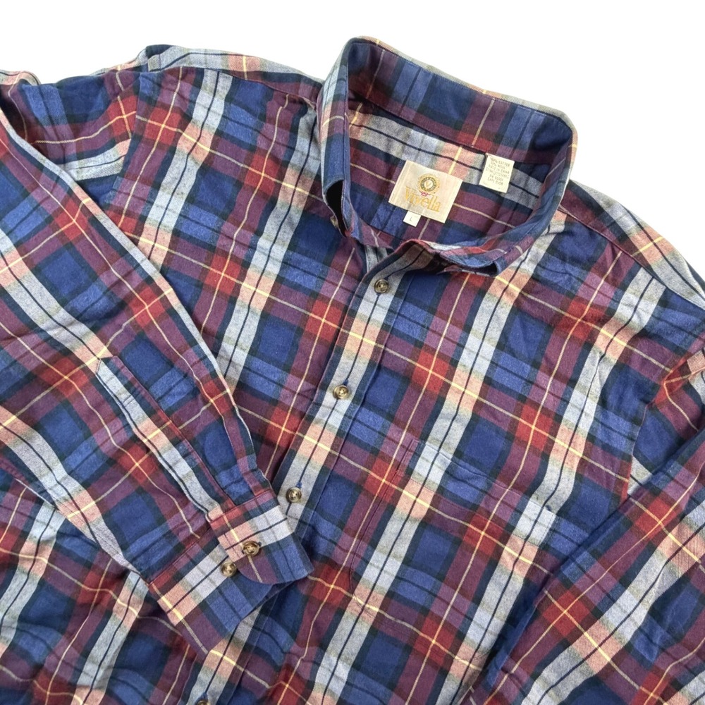 Viyella Mens Plaid Button Down Shirt Large Cotton Wool Blend Blue Red Gray